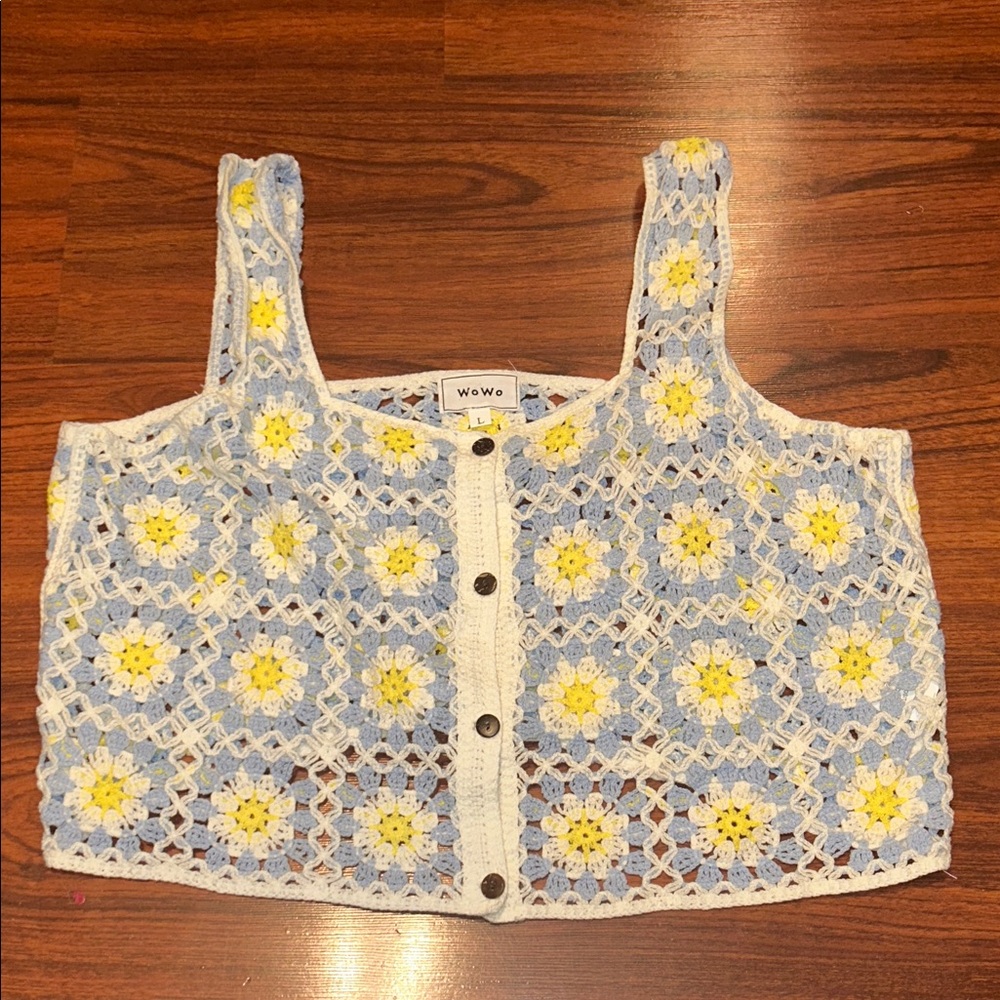 WoWo Blue & Yellow Crochet Daisy Motifs TankTop ButtonDown Vest sz L Grannycore